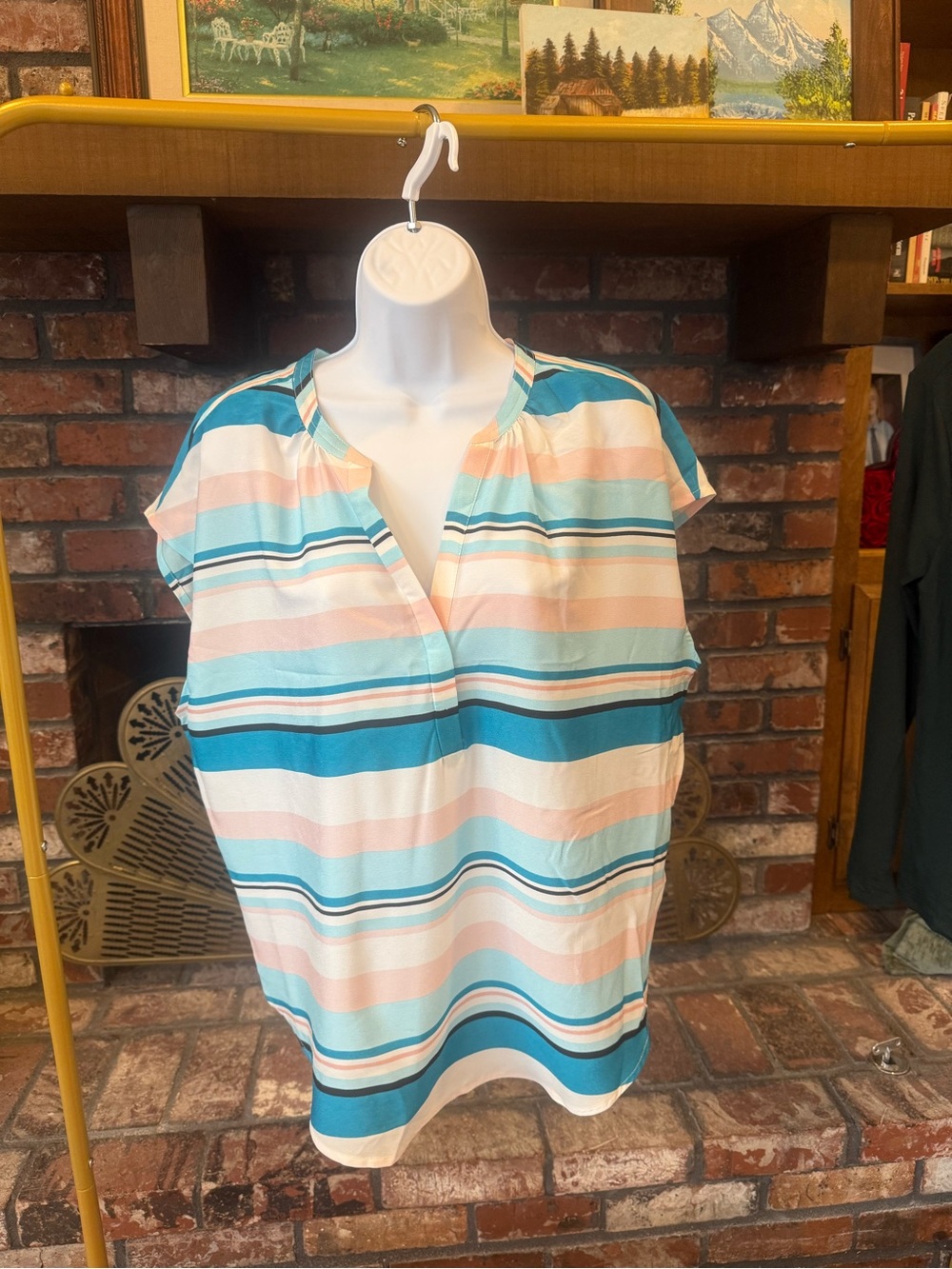 DKNY Striped Split Neck Popover Blouse Pastel Blue Pink Cap Sleeve Top Size L